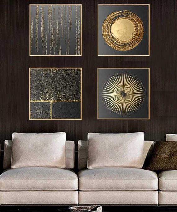 Gold Frame 60*60 Cm 3D Effect Gray And Gold Crytsall Porsalein Painting 